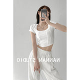 Vintage Three-Dimensional Fish Bone Line Repair Bottom Shirt Square Collar Collar Collar Collar Short-Sleeved T-Shirt Exposed Umbilled Short Top In Tide