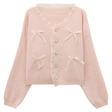 Sweet Pink Lace Spliced Sweater Cardigan Girl Autumn New Bow Loose Short Knitting Top