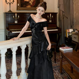 French Light Luxury Blue Shoulder Dress Niche Fishtail Long Dress Senior Year Party Birthday Dress