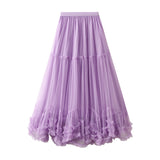 Oversized Swing Design Fashion Mesh Dress Sweet Wooden Ear Lace A Word Big Swing Ponum Skirt 8023