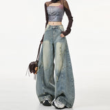 Vintage Worn Scissors Jeans Women's Trend With New Loose Broad-Legged Sleek Trousers High-Waisted Trousers