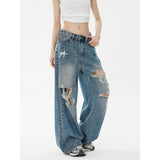 Vintage Ripped Jeans Women's Summer Thin New Loose Broad-Legged Straight Trousers Wash Version Of Good Pants