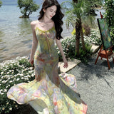 French Holiday Wind Seaside Photo Dizzling Elastic Net Yarn Thin Fishtail Hanging Dress To Collect The Waist And Hip Dress