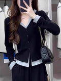 Black Fake Two V-Neck Long-Sleeved T-Shirt Women Autumn Korean Slimmed Bottom Shirt Design Feel Thin Top