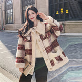 Korean Vintage Lattice Lamb Wool Coat Girl Small 2025 Winter New Thicken And Reduce The Age Of English Cotton Clothes