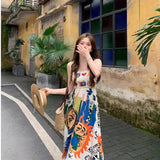 Vintage National Wind Sling Dress Women Spring Seaside Holiday Graffiti Print Sleeveless Vest Skirt Lazy Dress Skirt