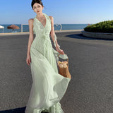 High-End Feeling Sleeveless V-Neck Hanging Neck Dress Gentle Temperament Wood Ear Side By-Back Seaside Beach Dress Super Fairy