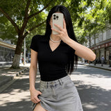 Spice Girls Slime V-Neck Short-Sleeved T-Shirt For Girls Summer Design Collar Short-Lens Thin Black Bottom Top Tide