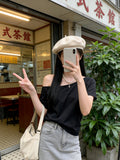2026 Summer Loose Lazy Wind Word Shoulder Short-Sleeved T-Shirt New Korean Version Of Hot Girl Casual Lame Shoulder Coat