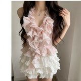 Pure Atmosphere Of The Hottie Pink Wave Dot Hanging Neck Top + White Ponbo Cake Skirt Temperament Sexy Two-Piece