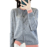 Fine-Woven Wool 2026 Autumn And Winter Women's New Loose Round-Neck Color Short Fake Two Bottom Blouse Knitted Open Shirt
