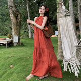 New Chinese Beautiful Red Sleeveless Neck Dress Female Summer Temperament High-End Seaside Beach Dress