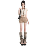 Qaqi-Colored Denim Shorts Women 2025 Summer Trend With New Brown High-Waisted Hot Trousers
