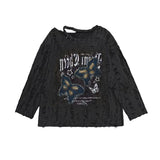 Embroidery Butterfly Waste Soil Wind Long-Sleeved T-Shirts For Spring And Autumn Loose Lazy Hole Vintage Pure Want To Show The Shoulder Hottie Shirt