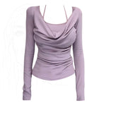 Pure Lust Wind Collar Hanging Neck Two Long-Sleeved T-Shirt Girls Spring And Autumn New Self-Cultivation Temperament In The Tide