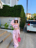 Island Vacation Relaxing Sweet Spice Girl Pink Striped Set Women's Summer Suspension Loose Shirt Broad Leg Pants Three Sets