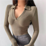Spice Girl Sexy V-Neck Elastic Tight Slim Long Sleeve Bottom T-Shirt Girl Design Sense Of A Hundred Tops