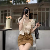 Large-Size Fat Sister Sweet And Spicy Design Pure Desire Short-Sleeved Woman Summer Butterfly Button Short Hottie Fake Two-Piece Top