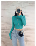 Pure Hot Girl Half-High Collar Shoulder Long-Sleeved T-Shirt Autumn And Winter New Side-Waist Folded Elastic Repair Shirt Short