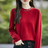 Wool Blended 2026 Autumn And Winter New Women's Round Neck Nails Loose Long-Sleeved Jacket Short Knitted Sweater Bottom Shirt