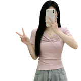 V Collar Kinetic Design T-Shirt Girl Summer Pure Hot Girl Short-Sleeved Bottom Shirt Slim Thin Top Woman