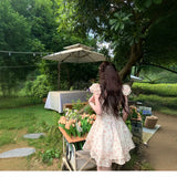 2026 New Broken Flower Dress Women's Spring And Summer Sweet Collarbone Bubble Sleeves To Close The Waist Thin Super Fairy Short-Sleeved Skirt