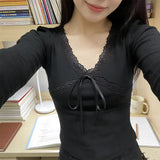 2026 Spring And Autumn Korean Version V-Neck Pure Desired Lace Stitched Cross-Lace Long-Sleeved Bottom T-Shirt Short Top Woman