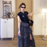 Korean Ins Fashion Short-Sleeved Lattice Dress Feline Dress Felined Summer Temperament Design Sense Multi-Layer Dress Open Fork Cake Dress