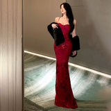 Sexy Bare Lace Embroidery Body-Brick Ass Long Dress Temperament Fishtail Hanging Dress Birthday Dress