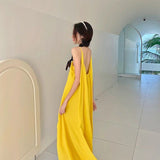 Seaside Vacation Sexy Bare Back Sling Dress Women's New Summer Loose A Skirt Gentle Yellow Long Dress