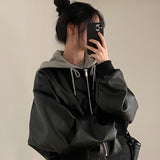 Korean Chic Autumn And Winter Denim Jacket Retro Zipper Double Pocket Casual Loose Two Hooded Leather