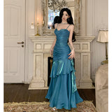 Shiny Blue High-End Birthday Dress Niche Sling Dress With Body Fishtail Dress Temperament Long Dress