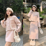 Autumn And Winter Dress With A Complete Set Of Pink Small Fragrant Suit Female Senior Plush Short Coat Skirt Two Sets