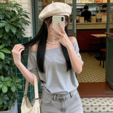 Lazy Wind Out Of The Shoulder Short-Sleeved T-Shirts In The Summer Pure Babes Design Sense Of A Small Loose Collar On The Shoulder