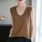 Lyselle Tiansi 2026 Spring And Summer Women's New Short-Sleeved U-Neck Solid Colorless Vest Knitted Short-Sleeved T-Shirt