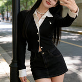 Polo Collar Embroidered Long-Sleeved Open-Shirt Women's Spring And Autumn Design Shirt Splicing Short-Term Fake Two-Piece Top