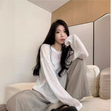 Lazy Wind Leisure Thin Long-Sleeved T-Shirt Girl Spring Small Loose Thin White Knitting Top
