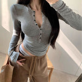 Body Slim Elastic Long Sleeves Shoulder T-Shirt Girl Spring And Autumn Sexy Figure Inside The Bottom Shirt Gray Tight Coat