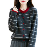 100% Pure Wool 2026 Autumn And Winter New Women's Loose Round-Collar Striped Buckle Knitted Open Shirt Coat