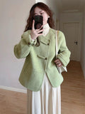 New Chinese Style Green Cross-Buckle Coat Women's Autumn And Winter New Retro Loose Round Collar Short Double-Sided Coat