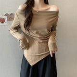 One-Word Shoulder Design Feeling With Irregular Long-Sleeved T-Shirt Women's Autumn Collarbone Sexy Bottoming Shirt Pure Desire Top