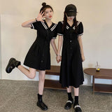 Navy Collar Dress Women's Summer Loose Long And Short Waists Thin A-Word Dress Retro Bubble Sleeves Small Black Dress