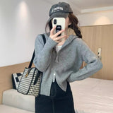 Pure Lusty Gray Long-Sleeved Knitted Cardigan Women Autumn 2025 New Double-Headed Zipper Slim Short Top