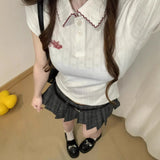 Summer Body-Repair Short-Sleeved Polo Collar Blouse Girl New Small Babes Style 100 Folded Short Skirt Two Sets