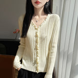Skin-Skin Velvet 2026 Autumn And Winter New Women's Loose Wood Ear V Collar Collar Bottom Knitted Cardigan Sweater Jacket