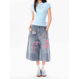 Dopamine Wears Graffiti Cowboy Sevens Women's Summer Broad Legs Mids Loose Straight Street Casual Shorts