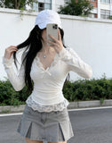 Sweet Hottie Pure Lust Lace Side Long-Sleeved T-Shirt Girl In Early Spring To Play With A T-Shirt Slimming On The Bottom Of The Shirt