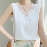 Silk Satin 2026 Spring And Summer Women's New V-Neck Mesh Splicing T-Shirt Solid Color Buffet Korean Version Of Sleeveless Vest