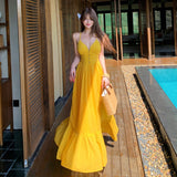 Dopamine-Miny Yellow Sling With Button-Dew Back Sling Fairy Long Dress Island Resort Beach Skirt