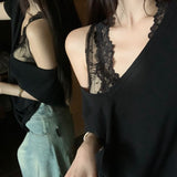 Pure-Want-Style Thin Loose White V-Neck Short-Sleeved T-Shirt For Women's Summer Lace In A Vest Top Folded Two Sets